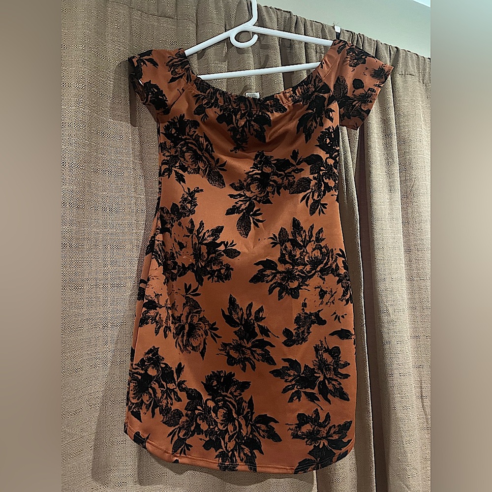 Mind Code Copper Off the Shoulder Mini Dress